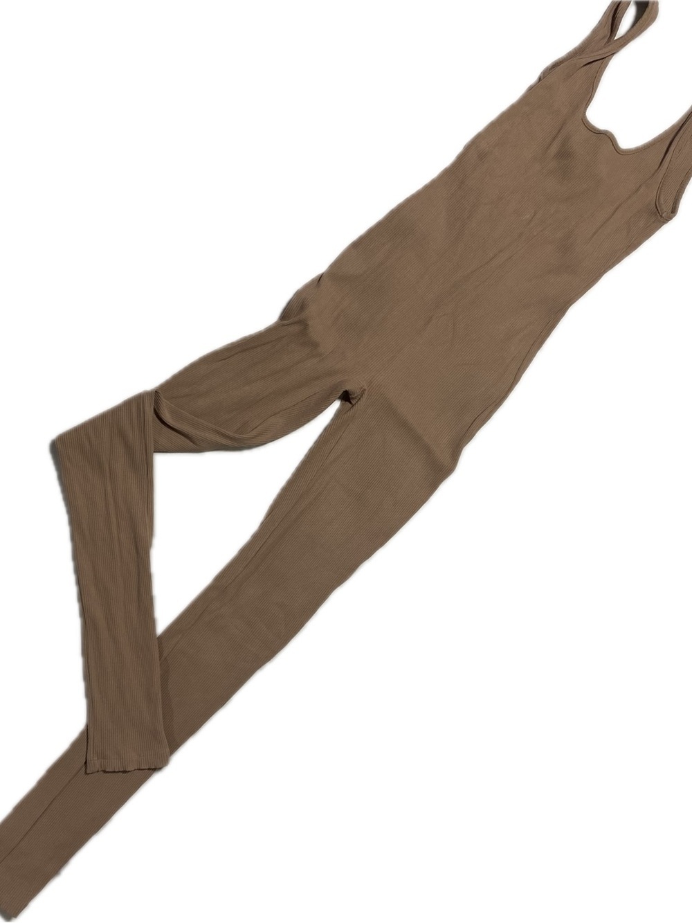 Sleeveless Ribbed Scoop-Neck Jumpsuit — Taupe